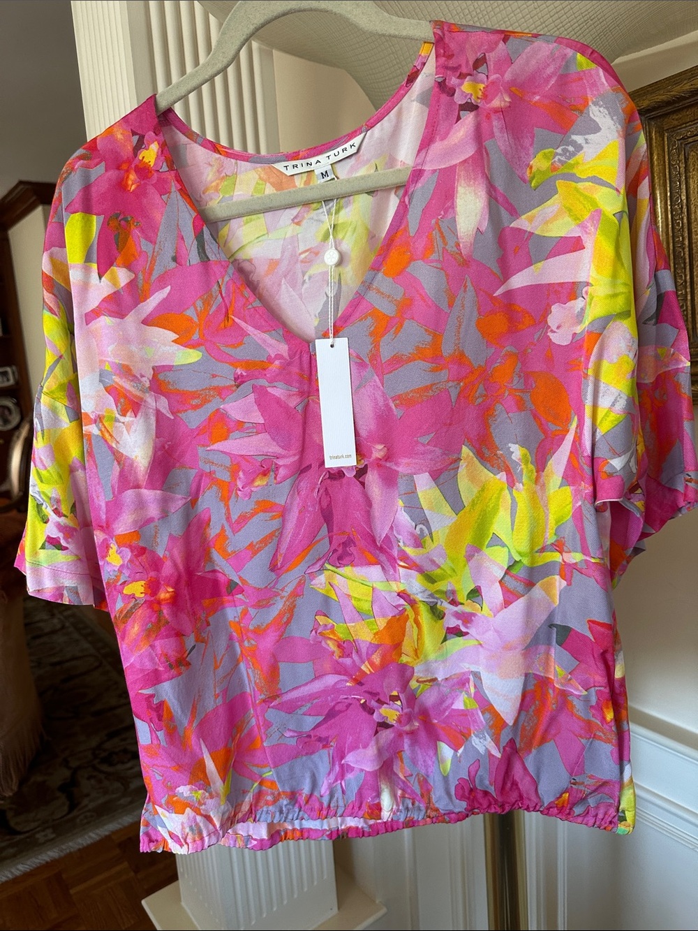 Trina Turk Pink & Neon Floral V-Neck Blouse